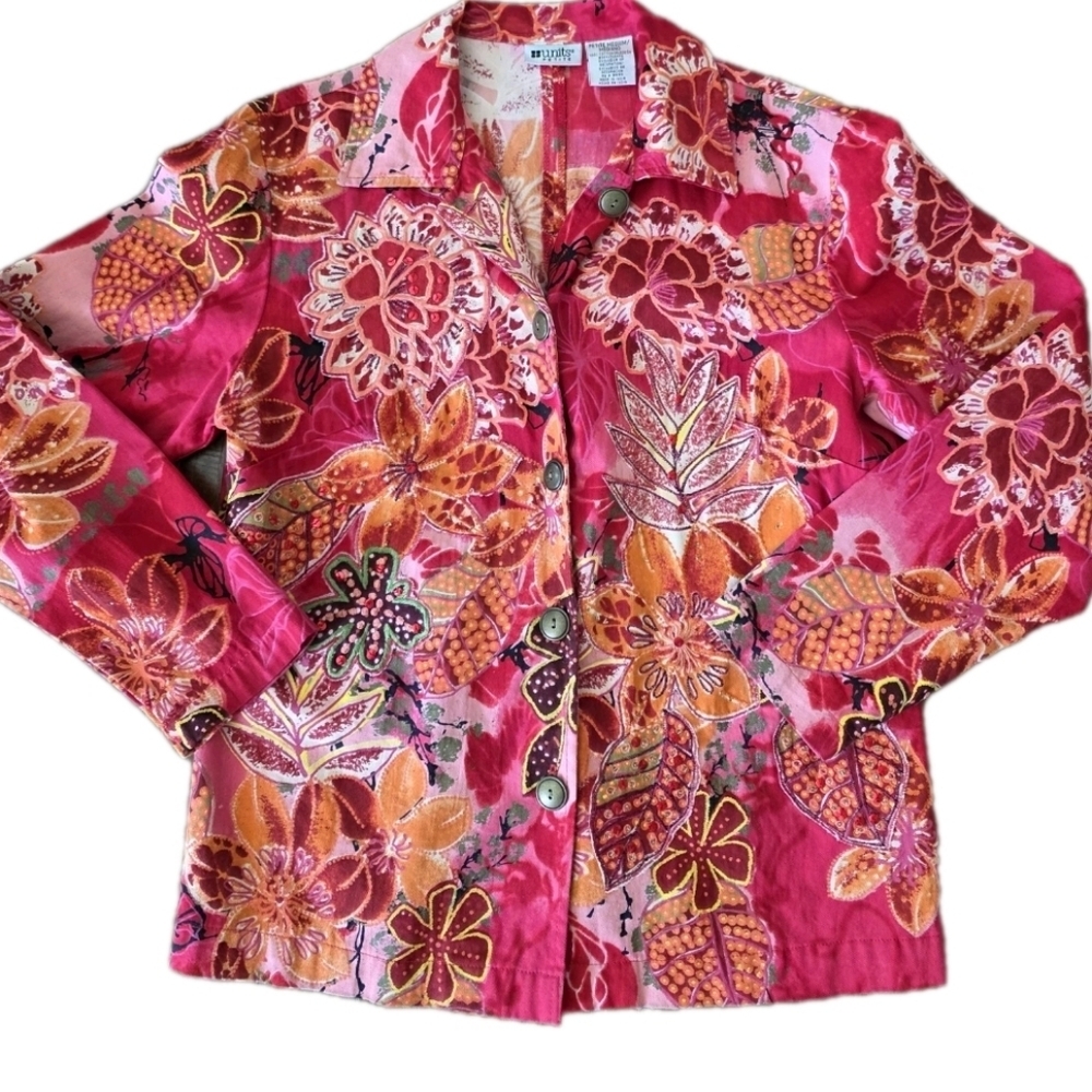 Units Shirt Jacket Womens Size Medium Petite Cotton Red Pink Floral Embellished